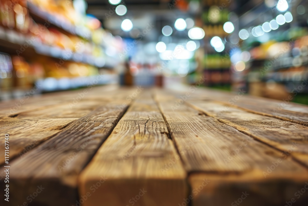 Shelf Perspective: Empty Wooden Table in Supermarket Shelf Perspective: Empty Wooden Table in Supermarket