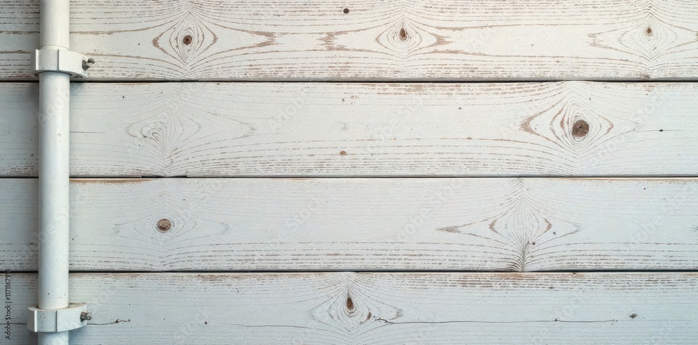 Fototapeta premium Close-up of white wood texture background with wooden beam structure and industrial pipe elements, minimalist design, white wood texture