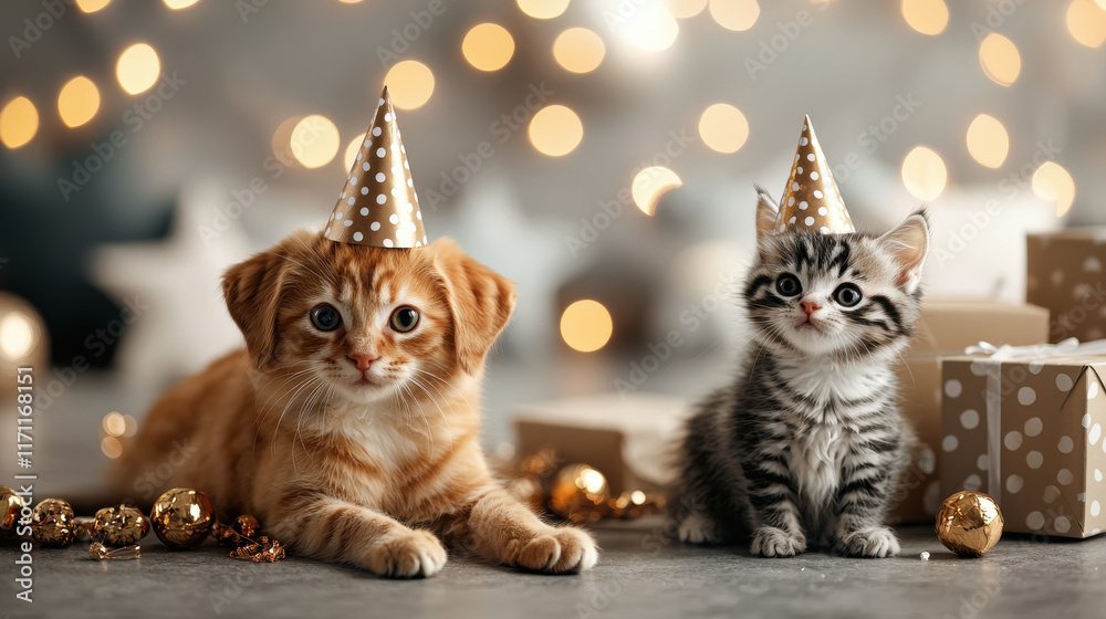 Obraz premium golden puppy and fluffy white kitten celebrate with party hats, surrounded by festive decorations and gifts, creating joyful atmosphere