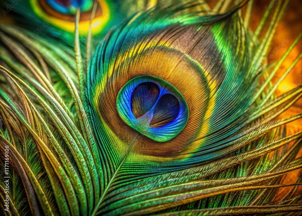 Obraz premium Surreal Green Peacock Feather: Blue & Brown Eyespot Plume, Indian Peafowl Tail