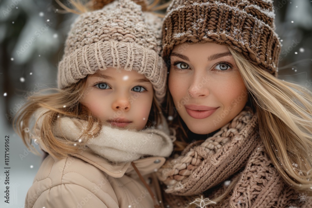 Mother and daughter enjoying a winter day in a snowy landscape while wearing cozy knitted hats and scarves Mother and daughter enjoying a winter day in a snowy landscape while wearing cozy knitted hats and scarves