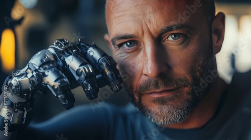 This striking image features a man with a sophisticated robotic hand, illustrating the interplay between man and machine in a future driven by technology and human enhancement. photo