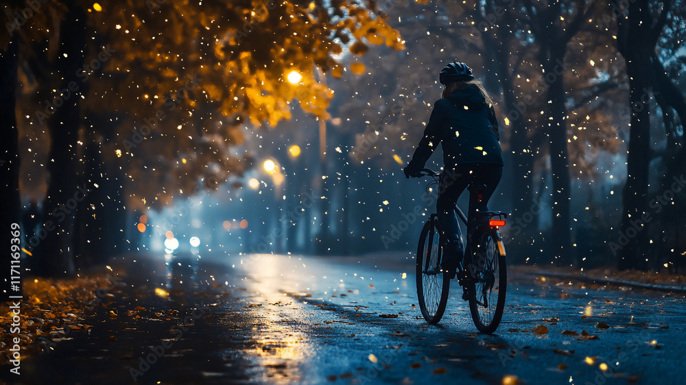 Fototapeta premium woman cycling during fall on the road during midnight with a profile angle 