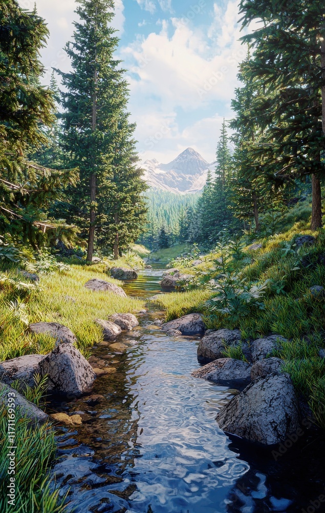 Pristine Mountain Stream Flows Through Lush Evergreen Forest Landscape Pristine Mountain Stream Flows Through Lush Evergreen Forest Landscape