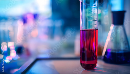 close up of a red chemical liquid in test tube, blurrylaboratory background made with Generative AI