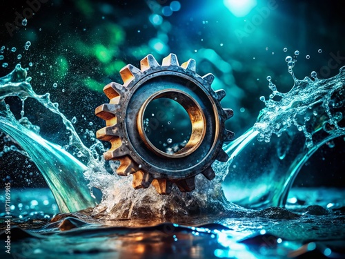 Surreal Industrial Gear Splash Logo: Environmental Water Drop Design photo