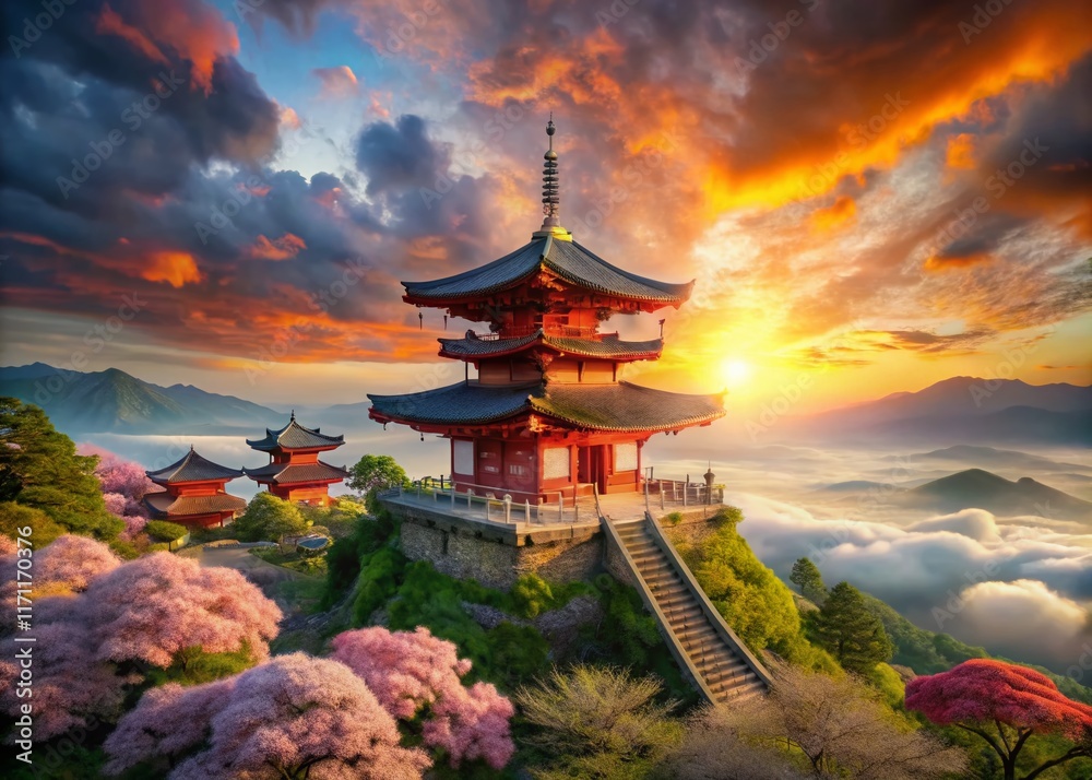 Fototapeta premium Surreal Kyoto: Kiyomizu-dera Pagoda Floating in a Dreamlike Sky