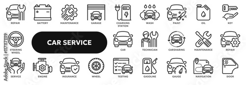 Set of vector line icons related to car service, auto repair and maintenance. Symbols for website or app ui, logo design, illustration