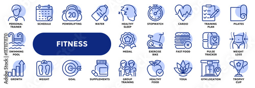 Set of vector line icons related to fitness and sport, healthy nutrition, gym exercises. Symbols for website or app ui, logo design, illustration