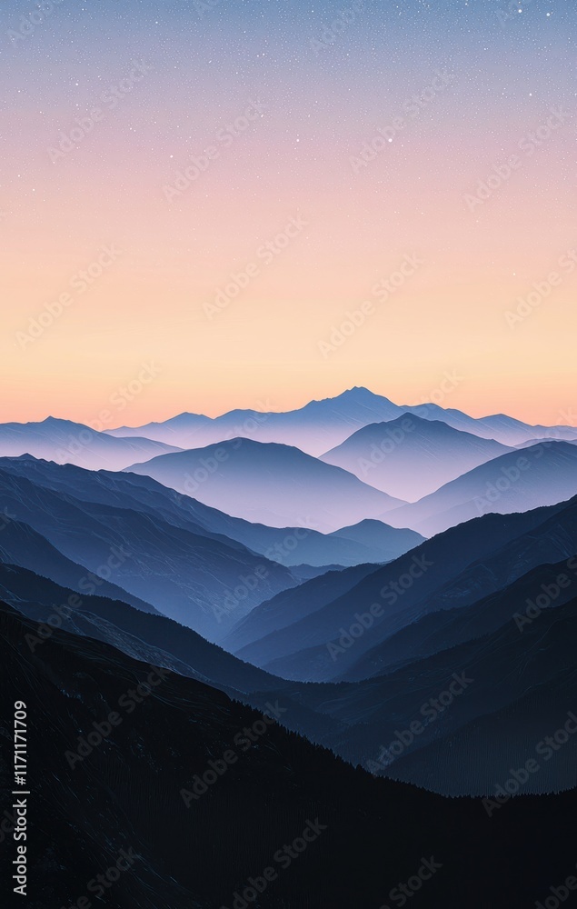 Obraz premium Serene Sunset Mountain Landscape with Starry Night Sky