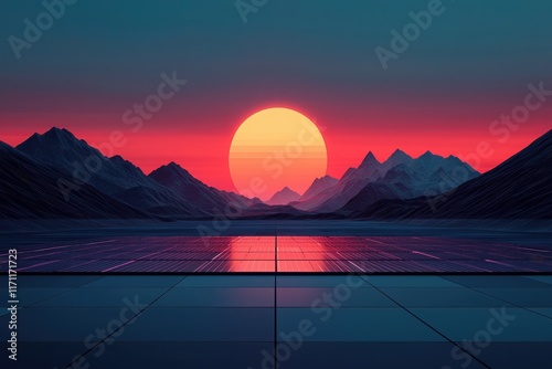 Glowing landscape with futuristic solar panels and renewable energy photo