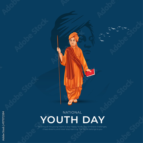12th January - Happy Indian National Youth day Post and Flyer Template. Swami Vivekananda Jayanti Creative with Text and Silhouette Vector Illustration