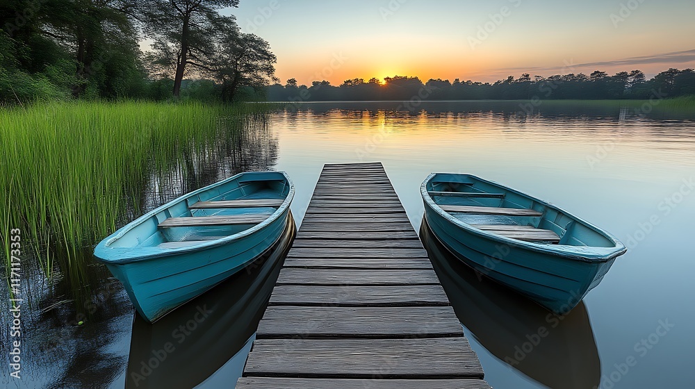 Naklejka premium Tranquil Sunset: Two Blue Boats at a Wooden Dock