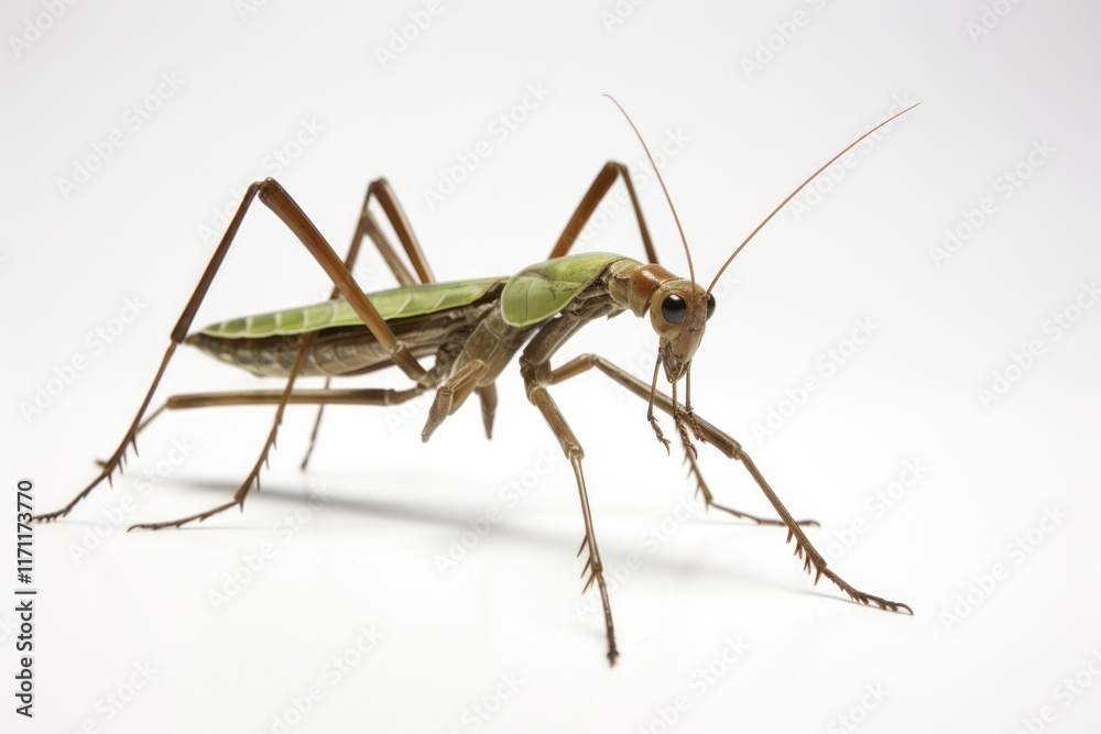 Studio Shot of Stick Insect on Isolated White Background. Wildlife and Insect Theme with Brown and Green Coloration Studio Shot of Stick Insect on Isolated White Background. Wildlife and Insect Theme with Brown and Green Coloration