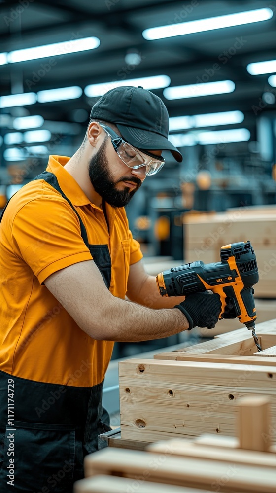 Fototapeta premium Skilled carpenter uses an electric drill to assemble a wooden door frame in a home workshop during the day