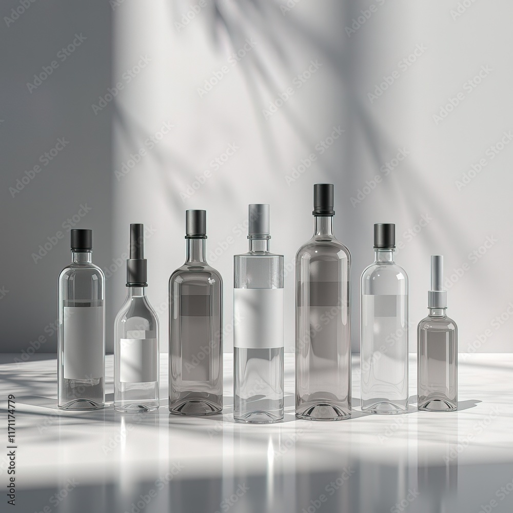 Transparent bottles with labels in minimalist lighting Transparent bottles with labels in minimalist lighting