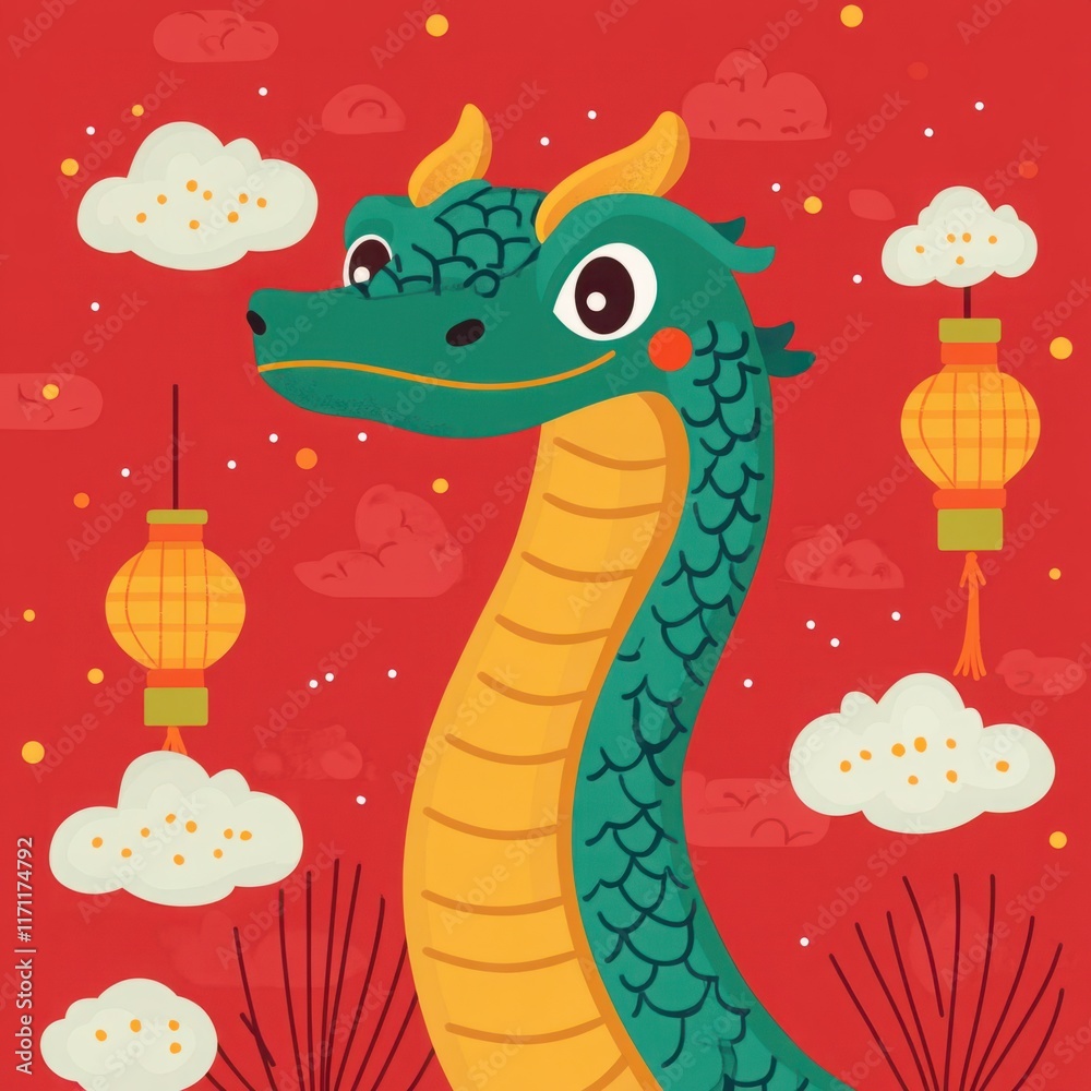 Naklejka premium Colorful Dragon Character with Lanterns and Clouds on a Red Background, Symbolizing Good Fortune and Celebration in Asian Culture