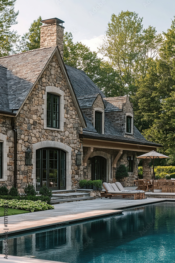 Discover a stunning stone house surrounded by lush greenery and a tranquil pool, ideal for unwinding in a peaceful forest environment Discover a stunning stone house surrounded by lush greenery and a tranquil pool, ideal for unwinding in a peaceful forest environment