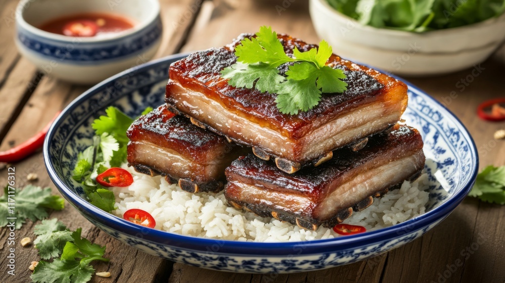 A vibrant presentation of crispy pork belly with a garnish of cilantro and sliced chilies, served alongside a bowl of jasmine rice for a delicious Thai meal.