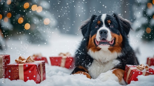 Bernese dog with gifts in snow photo