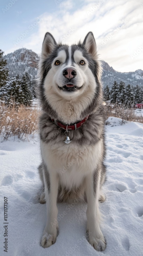 Smiling malamute in snowy landscape. Smiling malamute in snowy landscape.