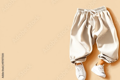 A minimalist illustration of a pair of khaki pants, drawn with clean lines and neutral tones on a plain background