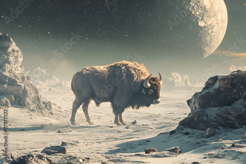 Bison Roams Alien Snowscape Under Distant Moon photo