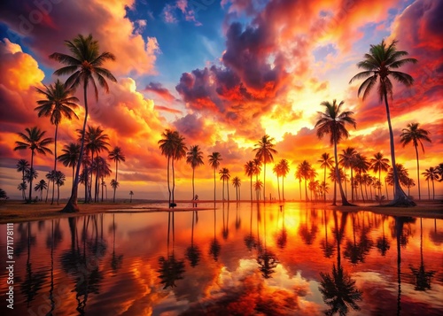 Surreal Sunset Palm Trees: Dreamlike Tropical Paradise
