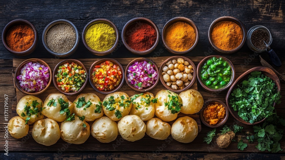 A vibrant presentation of pani puri served on a wooden table, with colorful chutneys and spices arranged around it, emphasizing the fun and excitement of this street food. A vibrant presentation of pani puri served on a wooden table, with colorful chutneys and spices arranged around it, emphasizing the fun and excitement of this street food.
