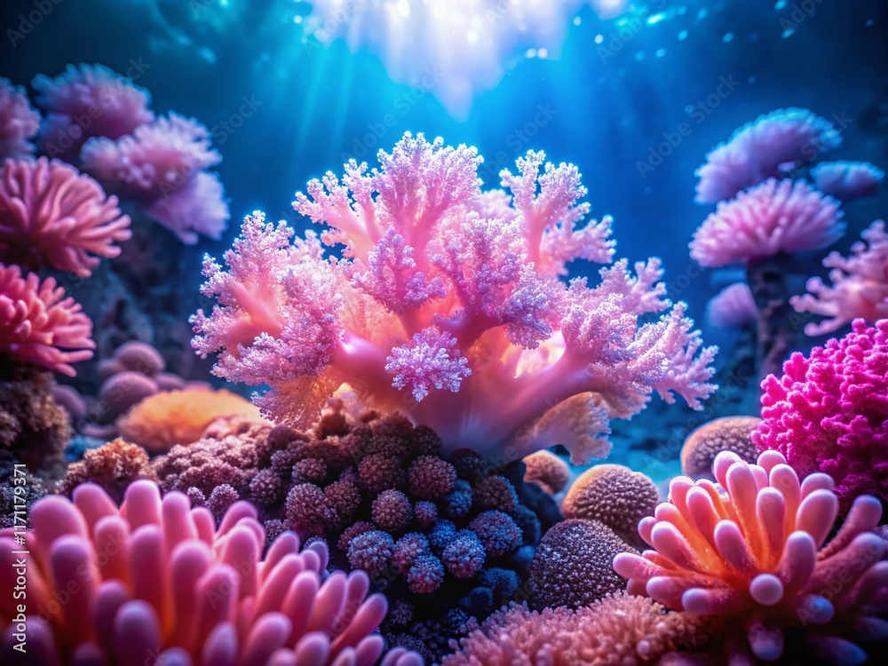 Surreal Underwater Scene: Light Pink Coral Reef Glow Surreal Underwater Scene: Light Pink Coral Reef Glow