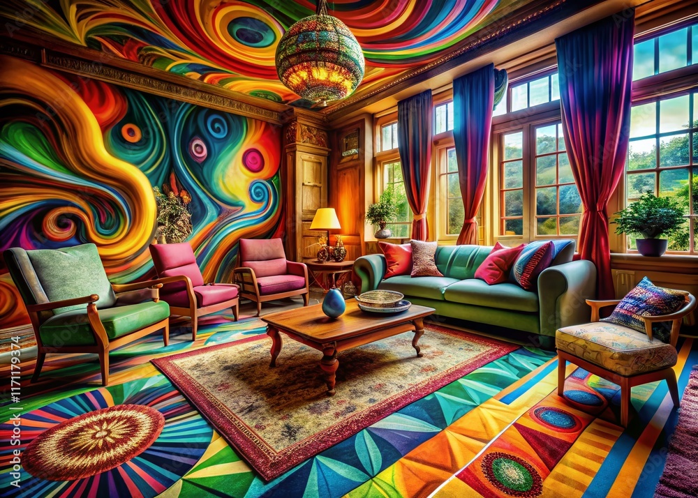 Fototapeta premium Surreal Vibrant Living Room with Eclectic Patterned Rugs - Stock Photo