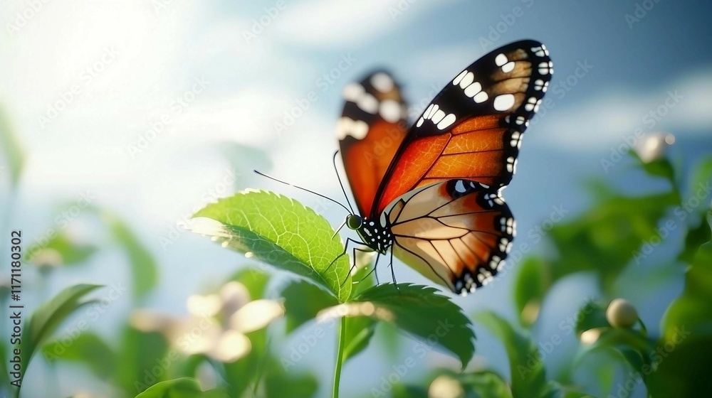 Majestic Monarch Butterfly Resting on Lush Green Leaf in Nature Majestic Monarch Butterfly Resting on Lush Green Leaf in Nature