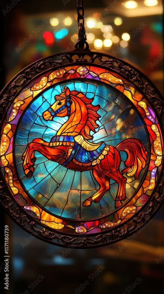 Fototapeta premium Stained glass suncatcher featuring a carousel horse.
