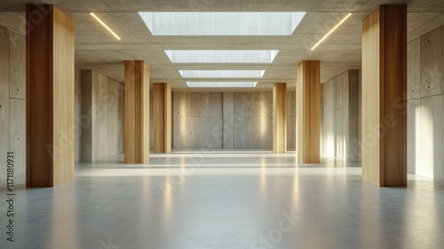 Spacious modern concrete hall featuring sleek wooden pillars and skylights that allow natural light to fill the minimalist interior with warmth.