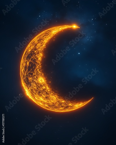 Fiery crescent moon in night sky.