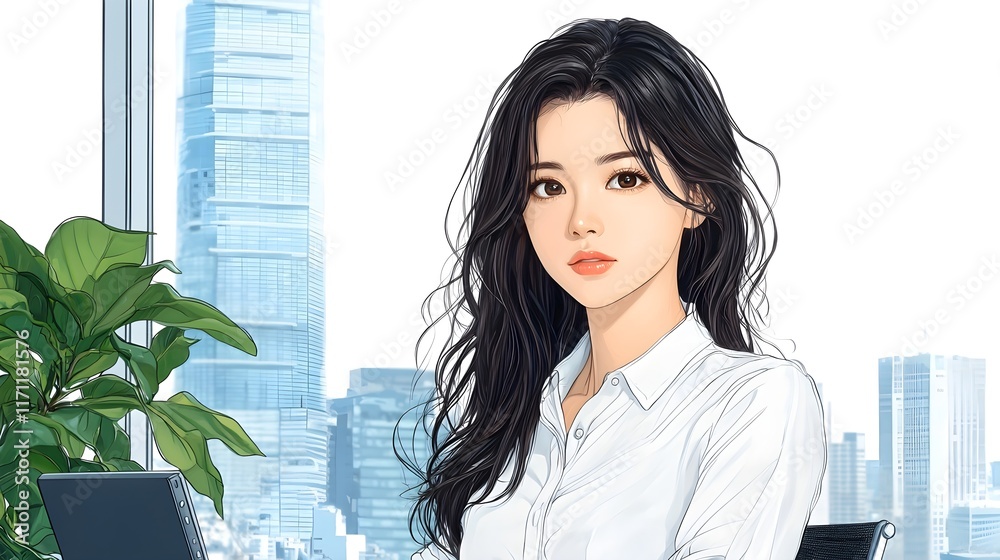 Elegant woman in office setting with city skyline background Elegant woman in office setting with city skyline background