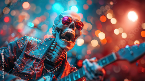 Skeleton rocking out with guitar in vibrant design.