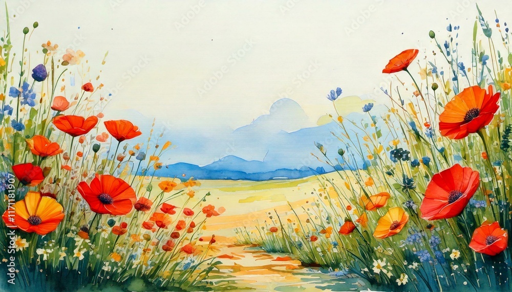 Fototapeta premium watercolor illustration of colorful flowers in wide borders; natural background; decorative art work
