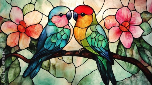 Two lovebirds in stained glass.