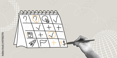 Fashionable halftone collage. Concept of notes-reminders in personal organizer,schedule planning, time management, and work organization. Hand in flip calendar making marks. Fashionable retro collage