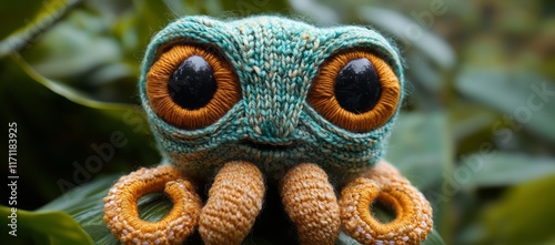 Cute teal and orange knitted octopus toy on green leaves. photo