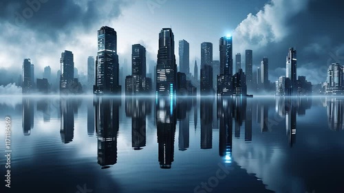 Futuristic City Skyline with High-Rise Buildings Reflected on a Calm Water Surface Under a Cloudy Sky

 photo