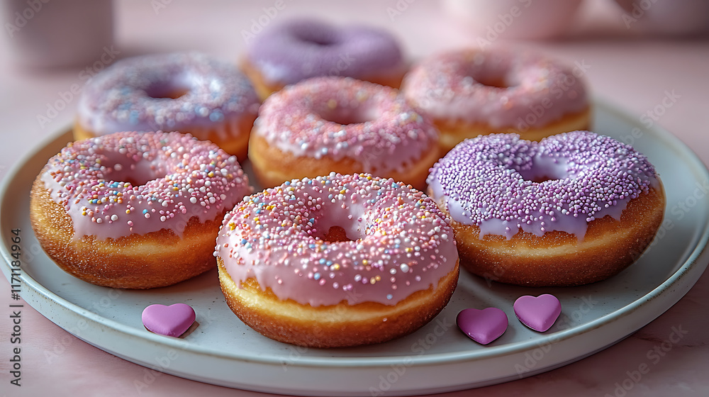 Heart-shaped donuts with pastel pink and lavender icing