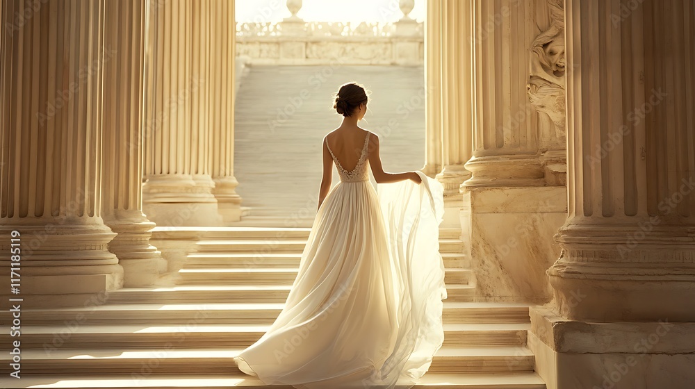 Elegant bride in a flowing wedding gown walks through a classical colonnade. Elegant bride in a flowing wedding gown walks through a classical colonnade.