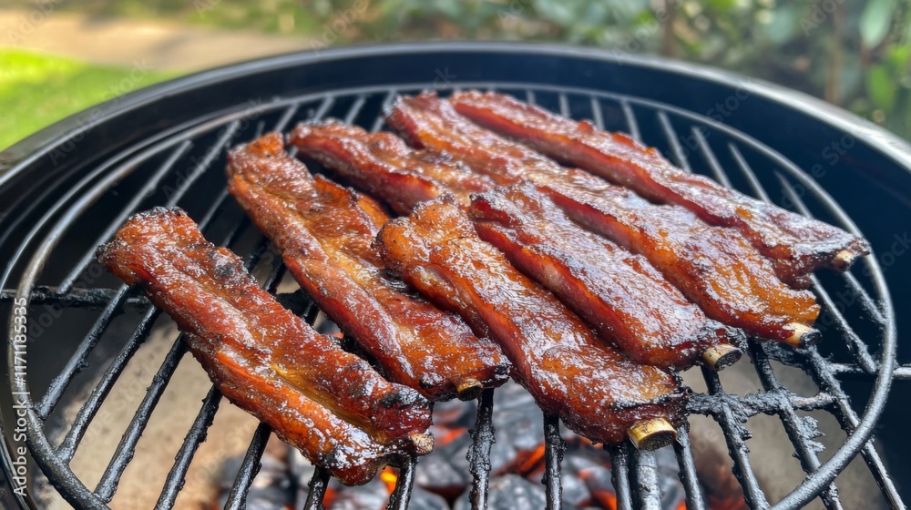Bacon strips resting on a grill, with char marks and sizzling fat, creating a smoky, crispy texture under the heat. Bacon strips resting on a grill, with char marks and sizzling fat, creating a smoky, crispy texture under the heat.