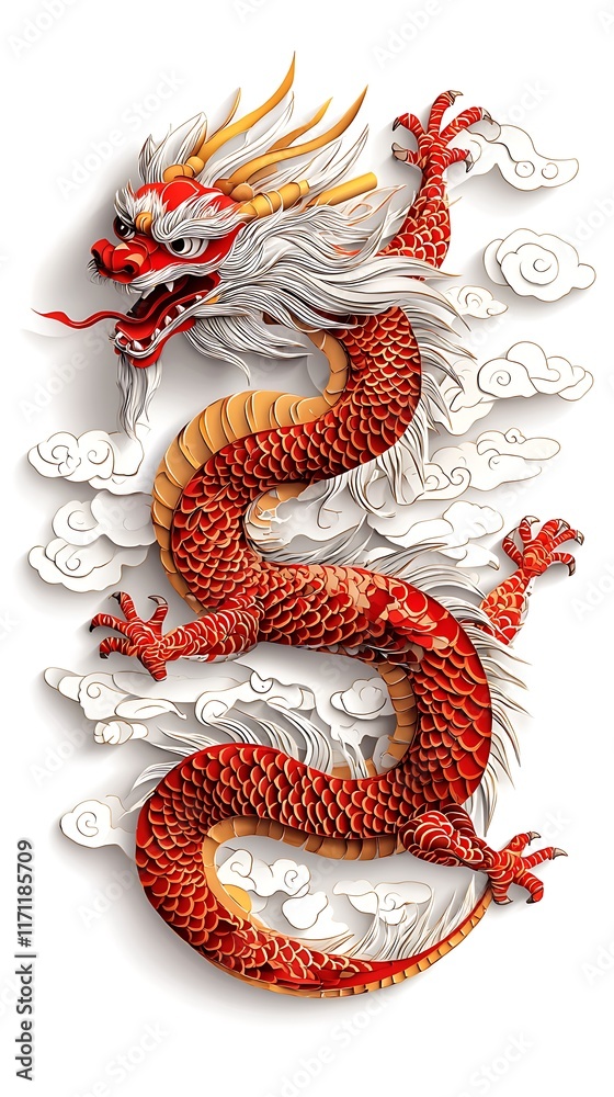 Obraz premium Majestic Red and Gold Chinese Dragon Papercut Artwork Intricate and Ornate Digital Design of Legendary Serpent Creature with Fiery Scales and Ornamental Details Representing Mythology Fantasy