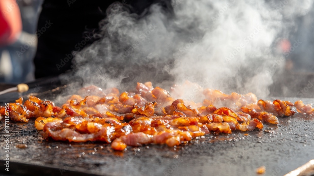 Bacon strips sizzling on a griddle, with smoke rising as the fat bubbles and the edges turn crisp and golden brown. Bacon strips sizzling on a griddle, with smoke rising as the fat bubbles and the edges turn crisp and golden brown.
