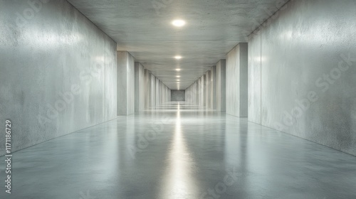 Empty concrete hallway with overhead light and polished floor