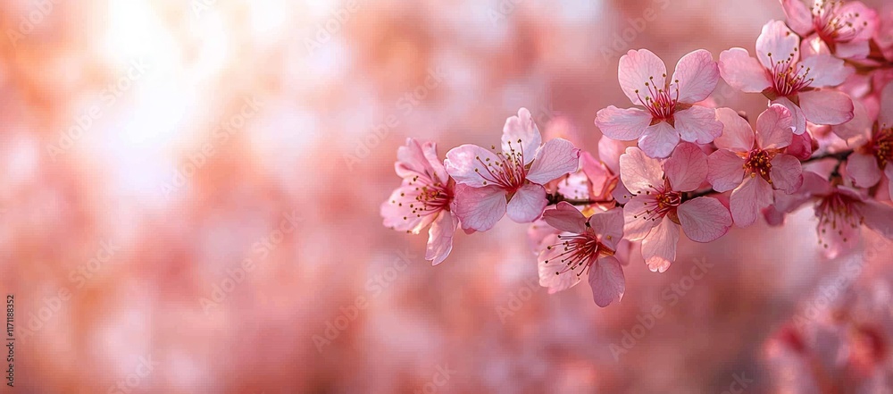 Delicate pink blossoms on a branch, bathed in warm sunlight against a soft-focus background of more blossoms. Delicate pink blossoms on a branch, bathed in warm sunlight against a soft-focus background of more blossoms.