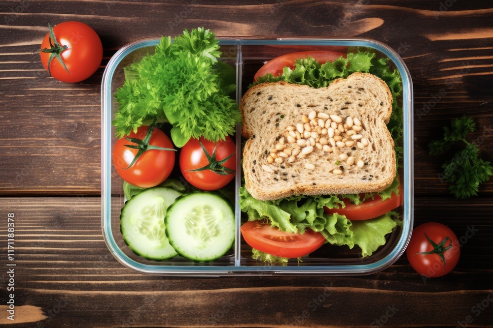 Top View of Healthy Lunch Box with Sandwich, Vegetables, Tomatoes, and Cucumbers for School Children Top View of Healthy Lunch Box with Sandwich, Vegetables, Tomatoes, and Cucumbers for School Children